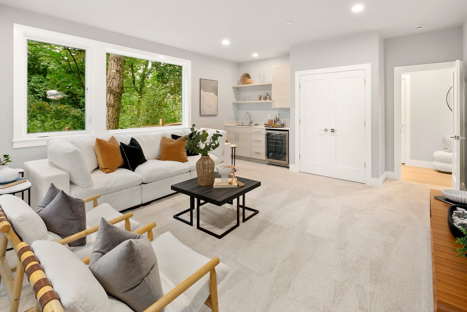 Built-in wet bar and generous storage