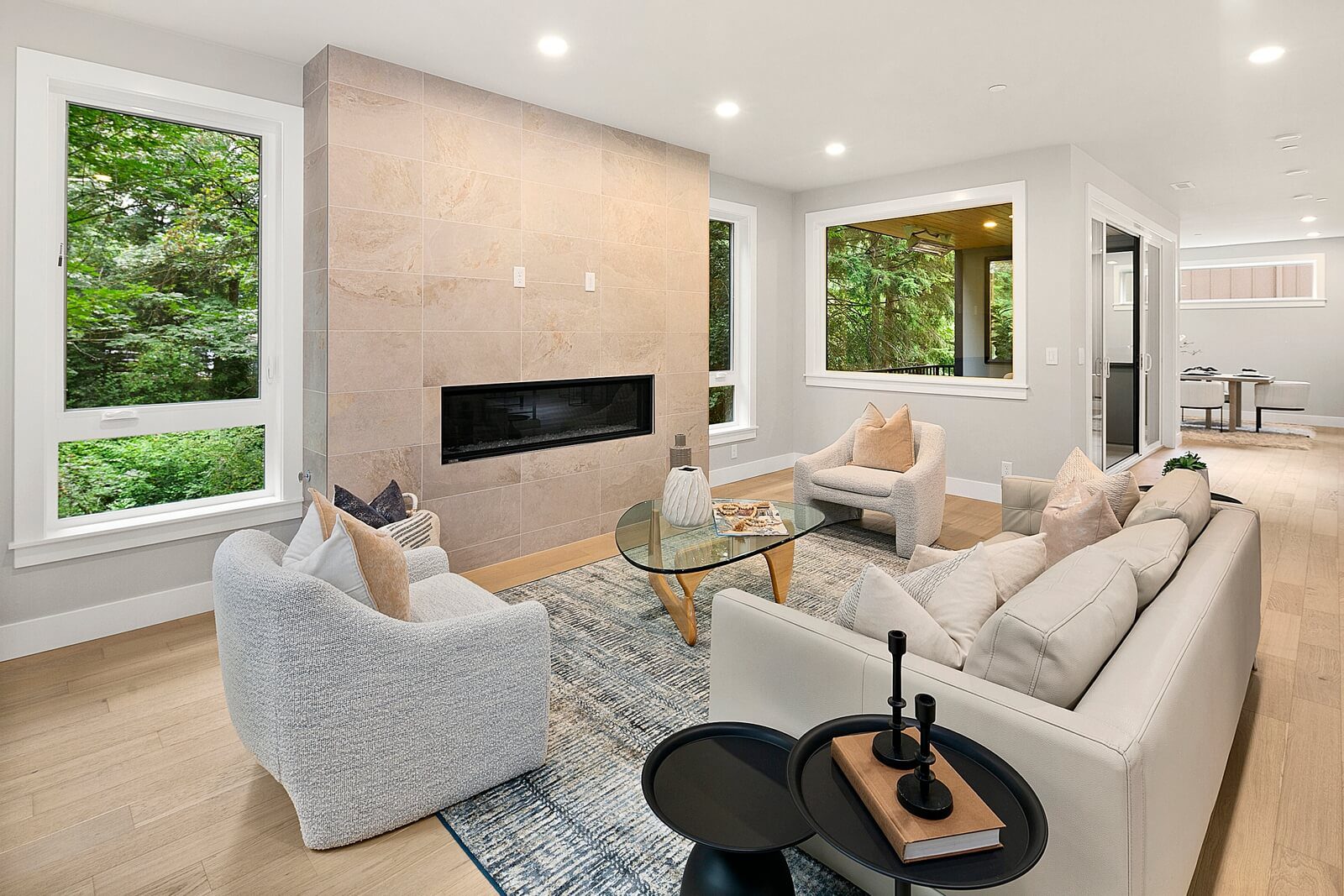 Modern great room with fireplace