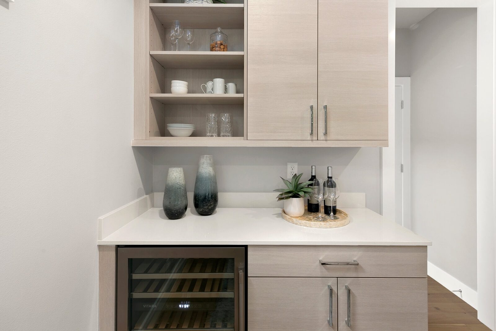 Built-in beverage center with wine cooler and generous storage
